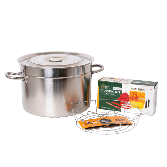 Stainless steel water bath canner set with lid, wire rack, and starter canning kit box, designed for preserving jams and pickles in Kitchen & Food and Food Preservation collections.