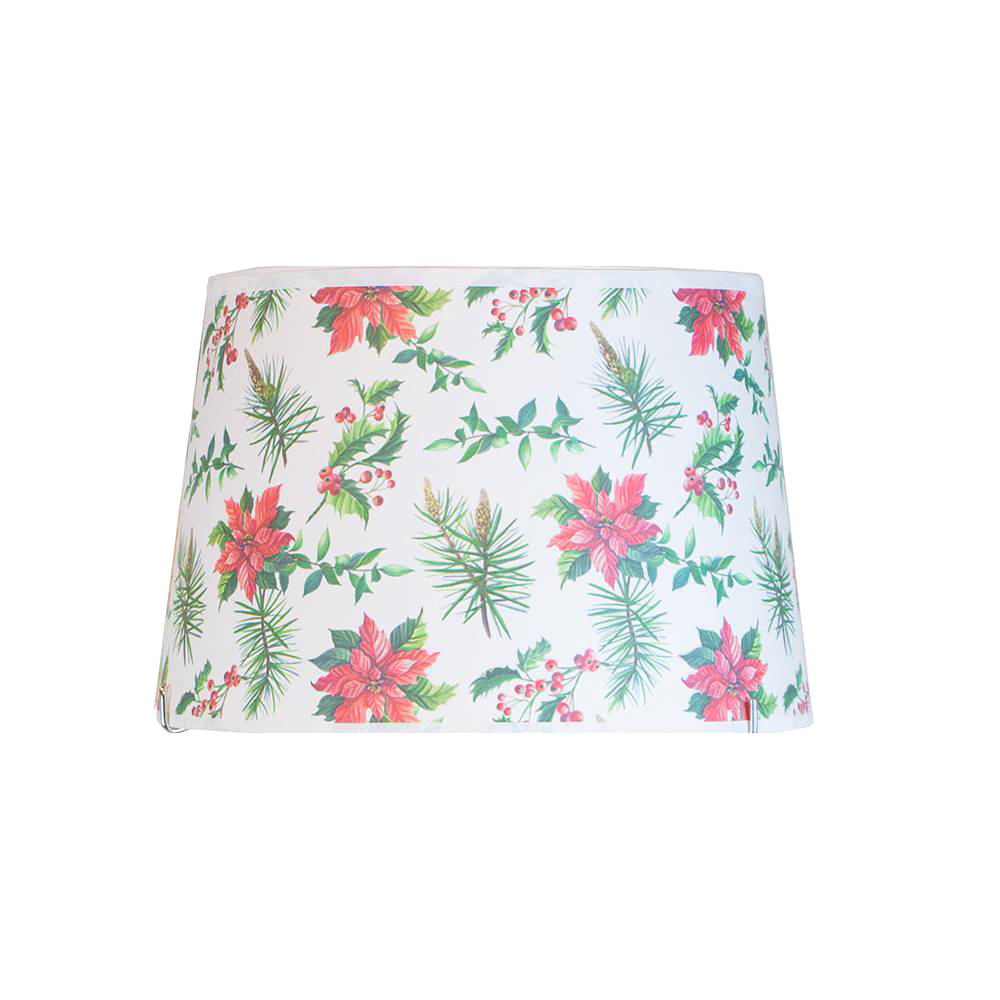 Festive parchment lamp shade featuring holly, poinsettias, and pine sprigs in red and green, designed to soften light for Aladdin oil lamps, included in Lamps & Lighting and Best Sellers collections.