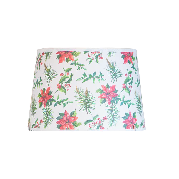 Festive parchment lamp shade featuring holly, poinsettias, and pine sprigs in red and green, designed to soften light for Aladdin oil lamps, included in Lamps & Lighting and Best Sellers collections.