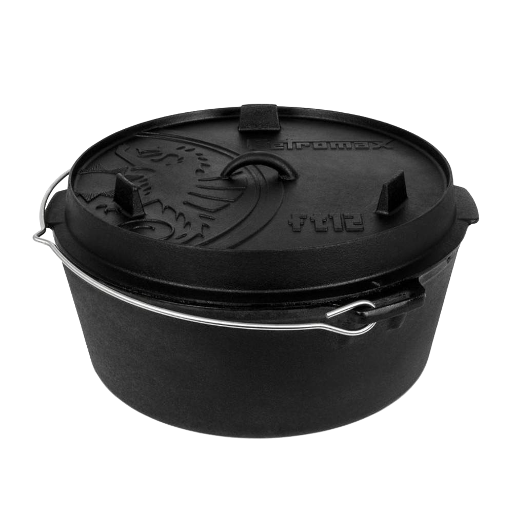 Cast iron Dutch oven with flat base and embossed lid, featuring a sturdy bail handle, suited for indoor and outdoor cooking, featured in Kitchen & Food, Cookware, Cast Iron, Best Sellers, Promo Eligible collections.