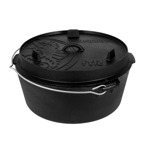 Cast iron Dutch oven with flat base and embossed lid, featuring a sturdy bail handle, suited for indoor and outdoor cooking, featured in Kitchen & Food, Cookware, Cast Iron, Best Sellers, Promo Eligible collections.