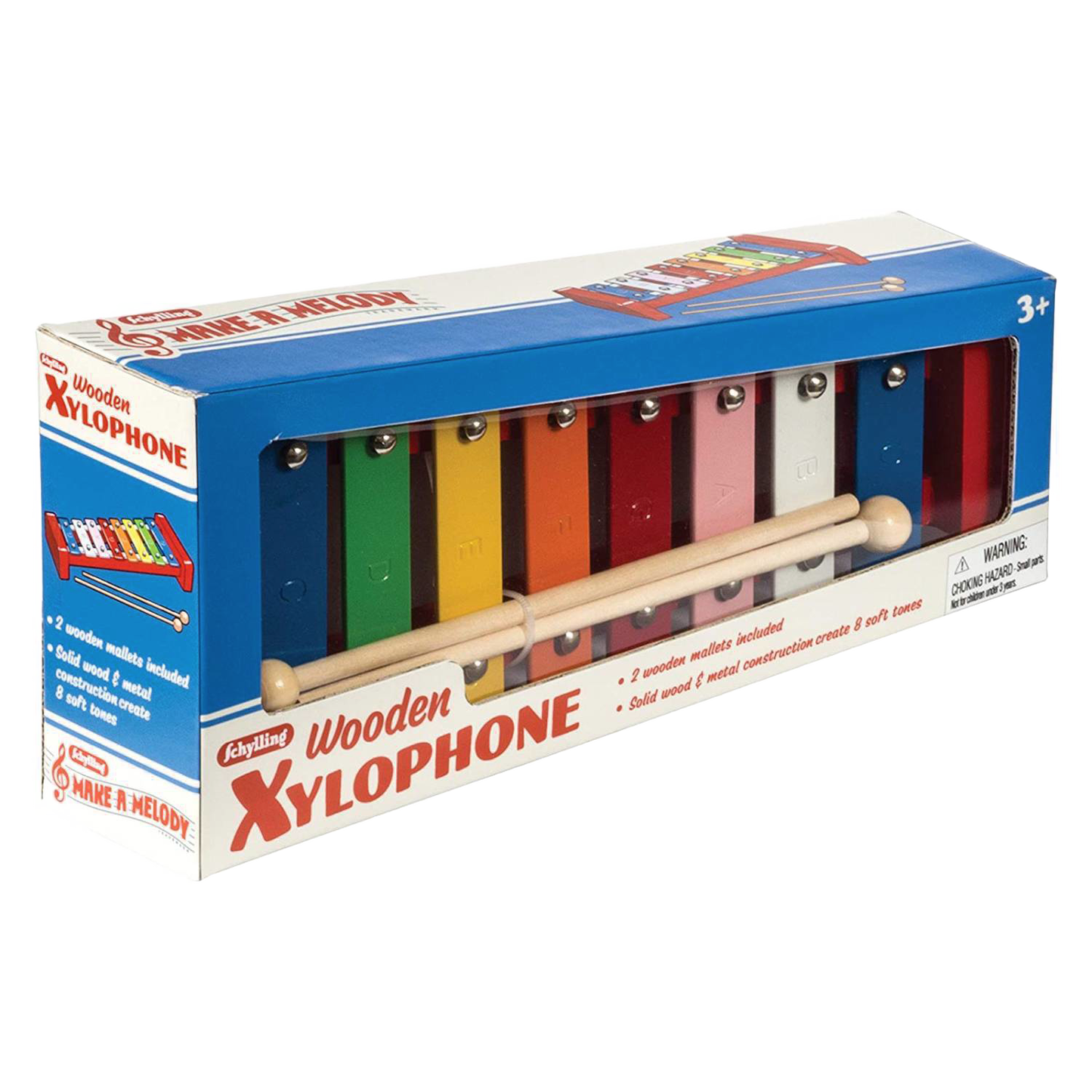 Colorful wooden xylophone for children featuring eight metal keys with printed notes and two wooden mallets, designed for educational indoor play in Toys, Books & Games and Children's Toys collections.
