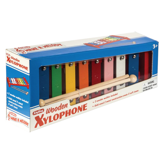 Colorful wooden xylophone for children featuring eight metal keys with printed notes and two wooden mallets, designed for educational indoor play in Toys, Books & Games and Children's Toys collections.