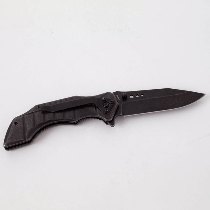 Handcrafted blackened stainless lockback folding knife with ergonomic textured handle and thumb stud, featured in Farm, Garden & Tool and Modern Pocket Knives collections.