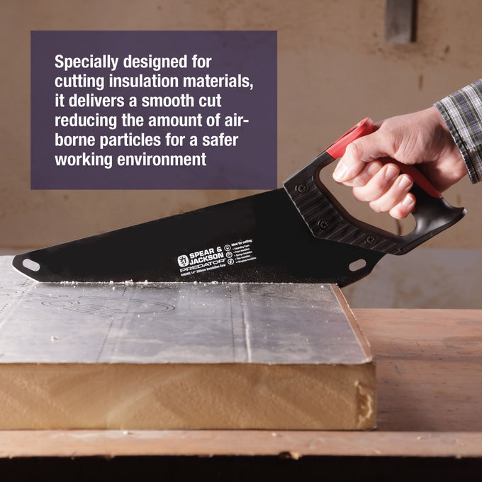 Hand tool with curved carbon steel blade and ergonomic handle cutting insulation material on wooden workbench, ideal for Farm, Garden & Tool and Hand Tools and Hardware collections.