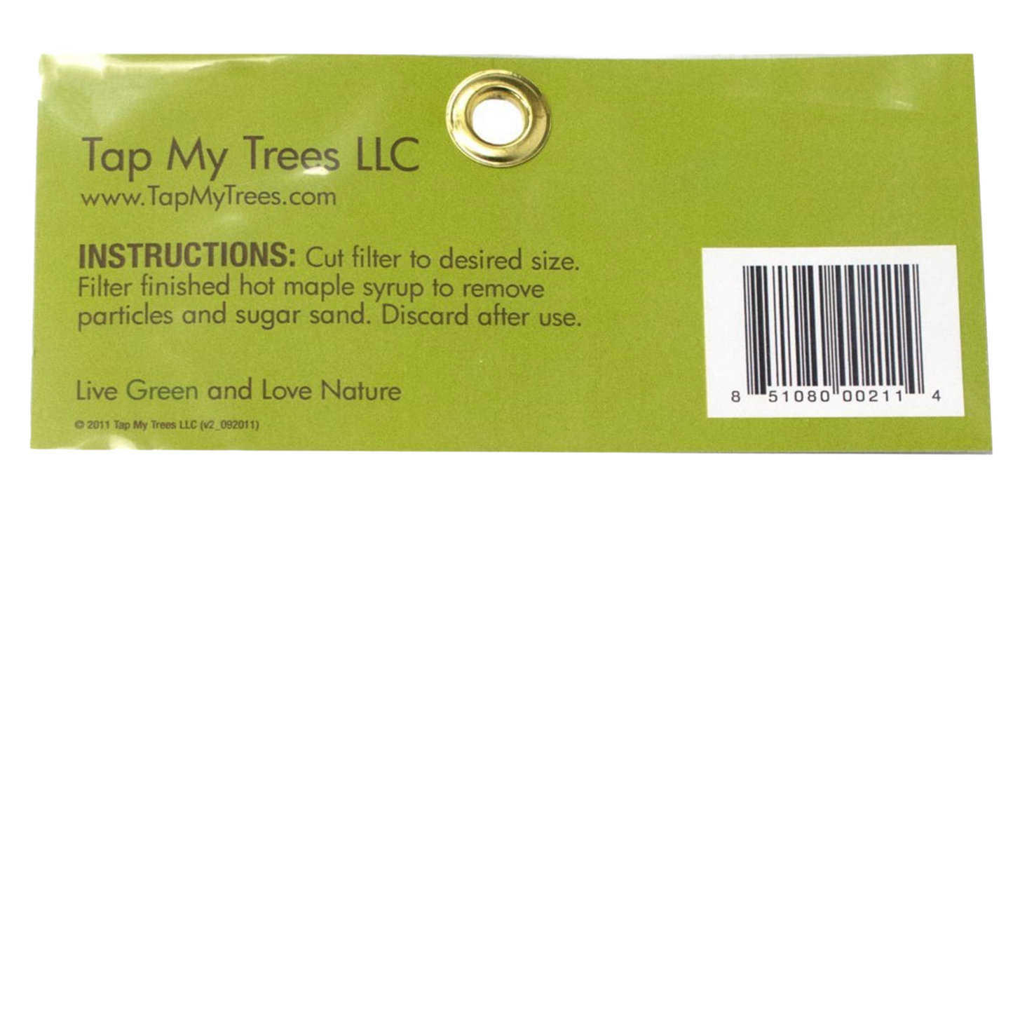 Green product label displaying usage instructions for filtering maple syrup to remove impurities, featuring a barcode and eco-friendly slogan suitable for farm, garden, and maple sugaring supplies collections.