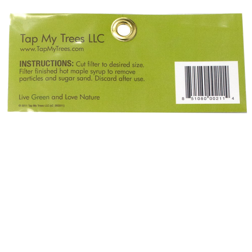 Green product label displaying usage instructions for filtering maple syrup to remove impurities, featuring a barcode and eco-friendly slogan suitable for farm, garden, and maple sugaring supplies collections.