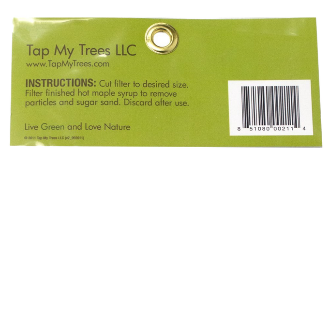 Green product label displaying usage instructions for filtering maple syrup to remove impurities, featuring a barcode and eco-friendly slogan suitable for farm, garden, and maple sugaring supplies collections.