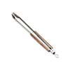 Brushed stainless steel BBQ and coal tongs with wooden grips and locking mechanism, designed for safe and practical outdoor cooking in grilling and camping collections.
