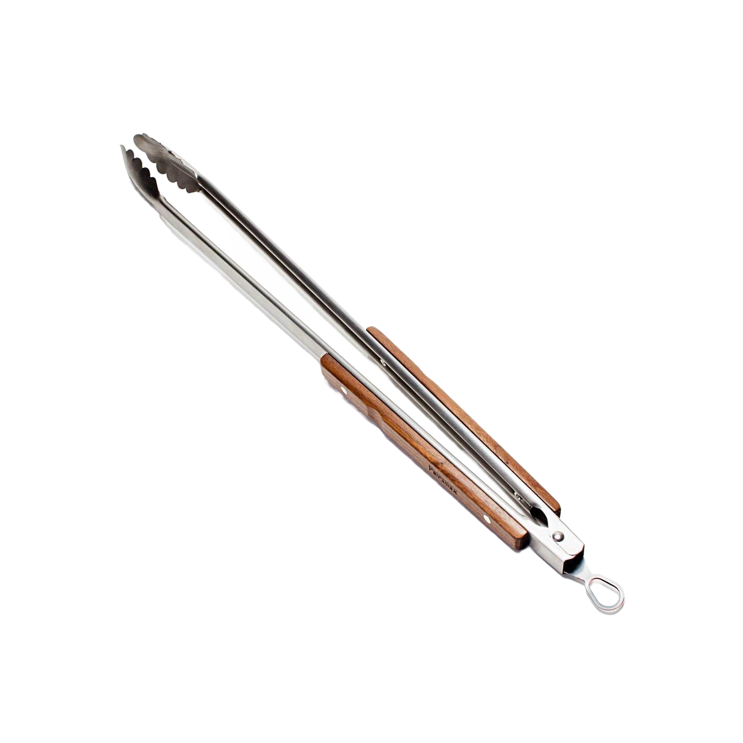 Brushed stainless steel BBQ and coal tongs with wooden grips and locking mechanism, designed for safe and practical outdoor cooking in grilling and camping collections.