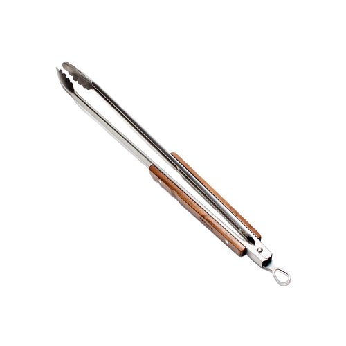 Brushed stainless steel BBQ and coal tongs with wooden grips and locking mechanism, designed for safe and practical outdoor cooking in grilling and camping collections.