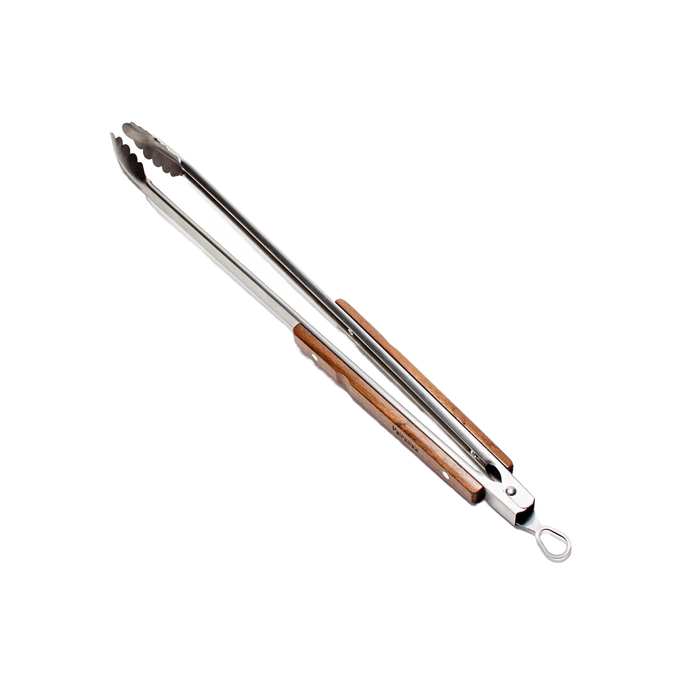 Brushed stainless steel BBQ and coal tongs with wooden grips and locking mechanism, designed for safe and practical outdoor cooking in grilling and camping collections.