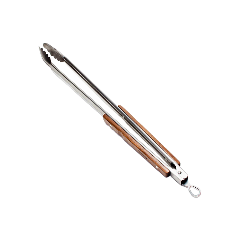 Brushed stainless steel BBQ and coal tongs with wooden grips and locking mechanism, designed for safe and practical outdoor cooking in grilling and camping collections.