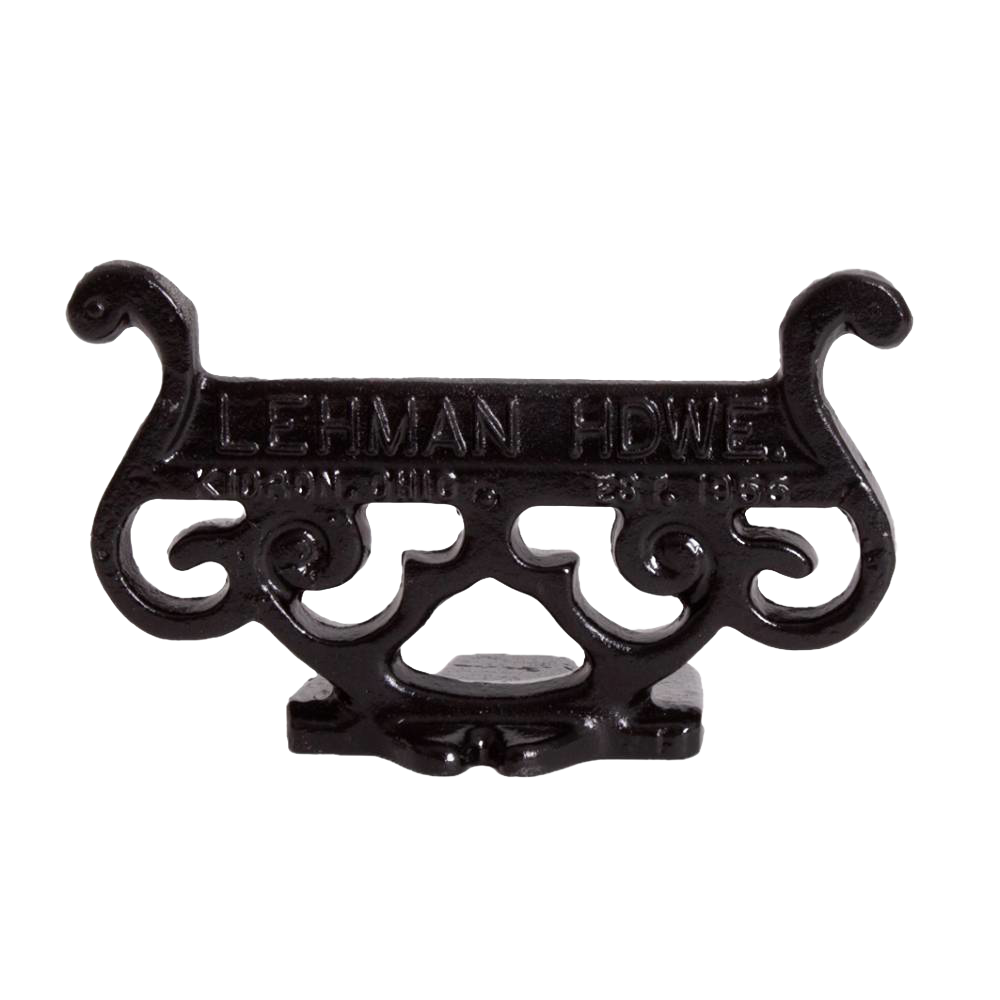 Glossy black cast aluminum boot scraper with intricate vintage scroll design, handcrafted by Amish artisans, ideal for Home & Decor, USA Made, and Best Sellers collections.