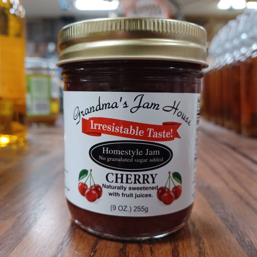 Handcrafted cherry jam in a glass jar with gold lid, naturally sweetened with fruit juices and no granulated sugar, made in USA, ideal for Kitchen & Food, Food, Peanut Butter & Jellies, Best Sellers, and Promo Eligible collections.