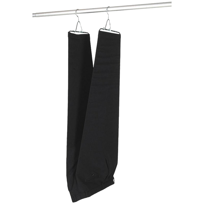 Two pairs of black pants hanging side by side on metal clips from a horizontal rod, demonstrating use of pants stretchers for wrinkle-free drying, featured in Laundry Supplies and Home & Decor collections.