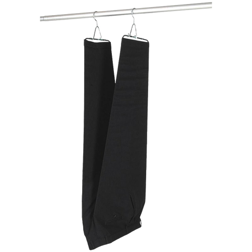 Two pairs of black pants hanging side by side on metal clips from a horizontal rod, demonstrating use of pants stretchers for wrinkle-free drying, featured in Laundry Supplies and Home & Decor collections.