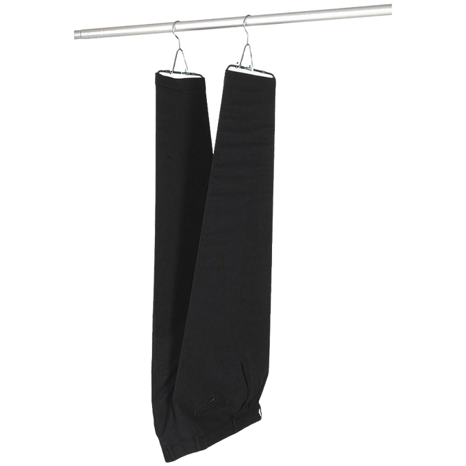 Two pairs of black pants hanging side by side on metal clips from a horizontal rod, demonstrating use of pants stretchers for wrinkle-free drying, featured in Laundry Supplies and Home & Decor collections.