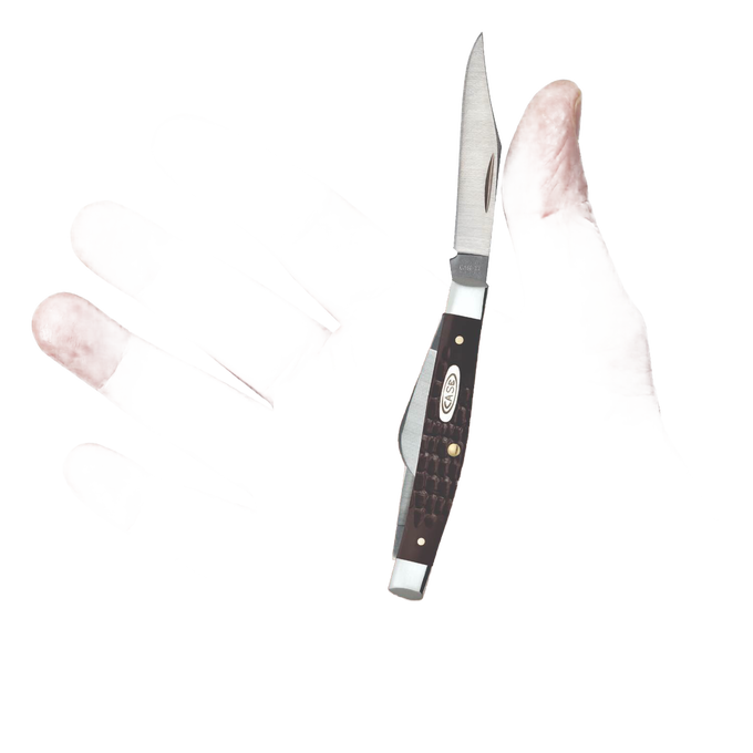 Handcrafted medium stockman knife with brown synthetic handle and sloped bolster, made in USA, featured in Farm, Garden & Tool and Traditional Pocket Knives collections.