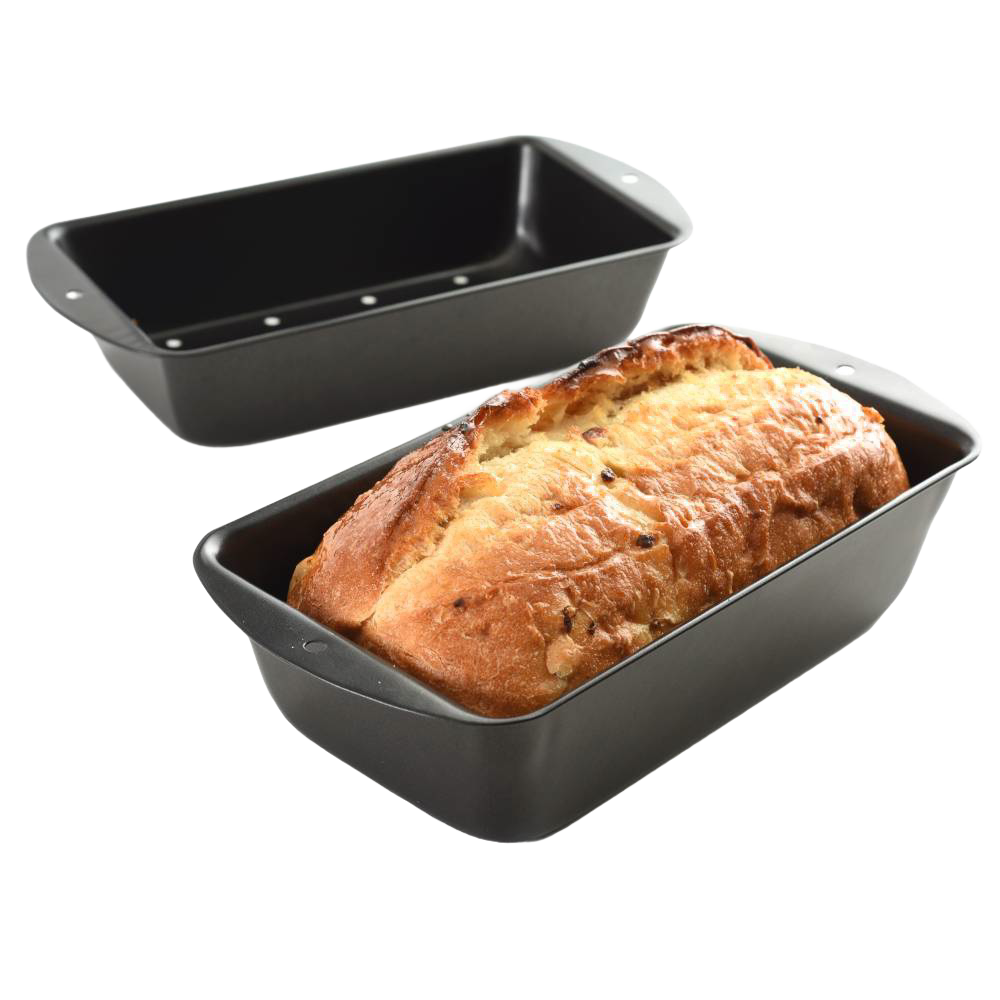 Set of two dark non-stick loaf pans including perforated inner tray for draining fat during baking, suitable for Kitchen & Food, Cookware, Baking Supplies, and Best Sellers collections.