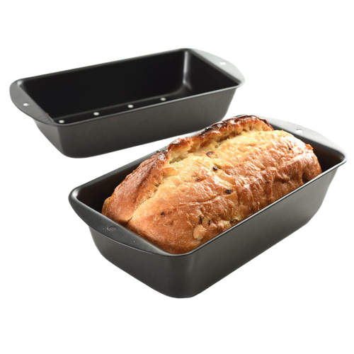Set of two dark non-stick loaf pans including perforated inner tray for draining fat during baking, suitable for Kitchen & Food, Cookware, Baking Supplies, and Best Sellers collections.