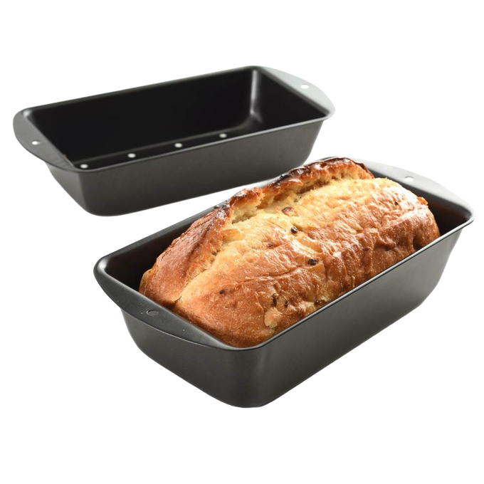 Set of two dark non-stick loaf pans including perforated inner tray for draining fat during baking, suitable for Kitchen & Food, Cookware, Baking Supplies, and Best Sellers collections.