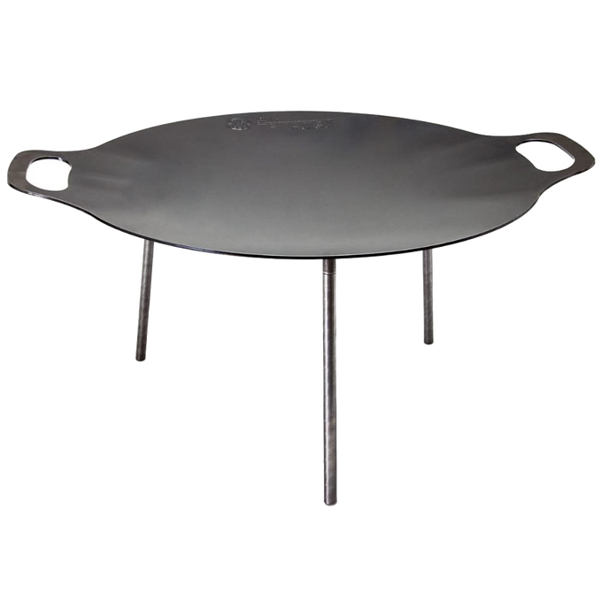 Steel griddle and fire bowl with three sturdy legs and integrated handles, perfect for outdoor cooking in Farm, Garden & Tool, Camping, Best Sellers, and Promo Eligible collections.