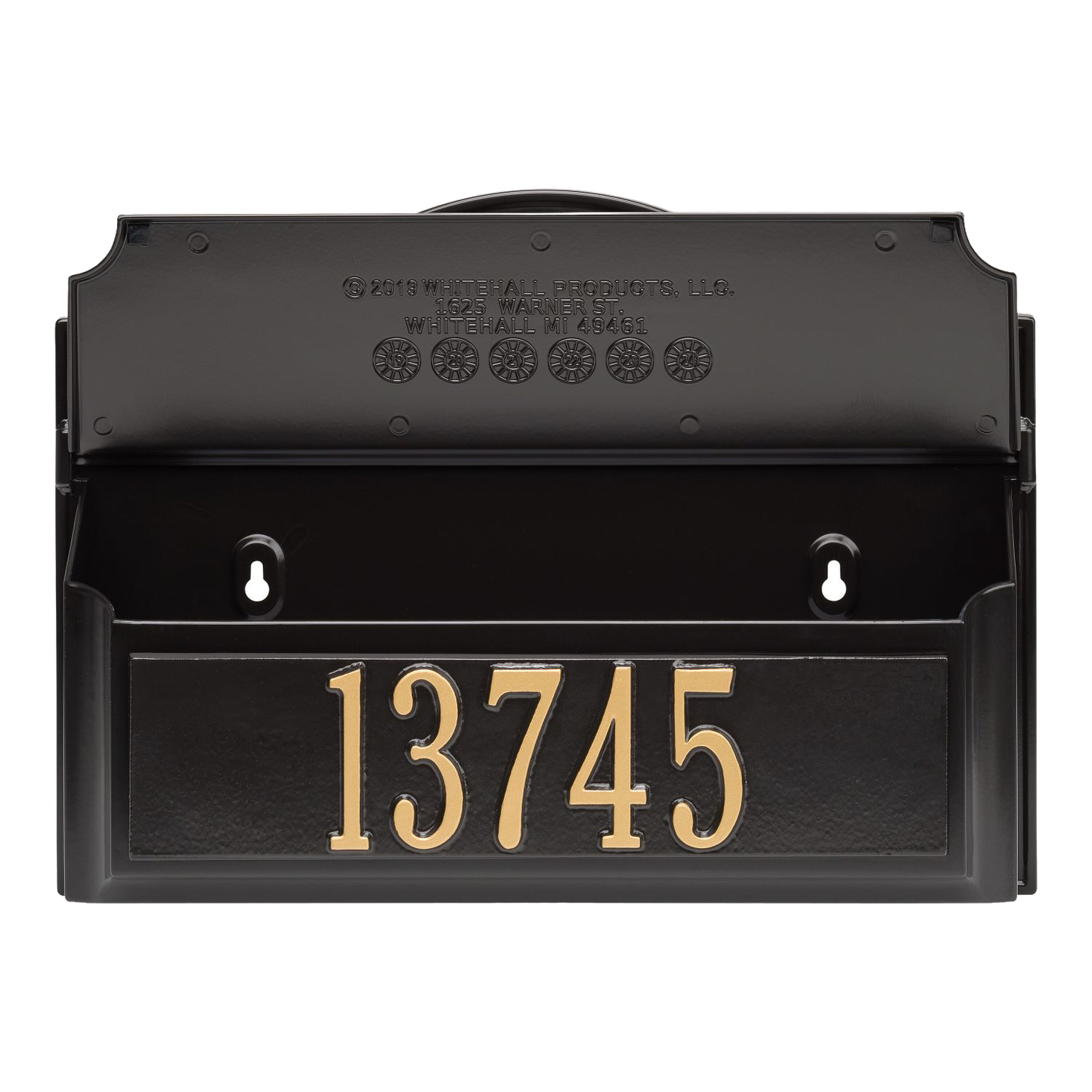 Black and gold wall mount mailbox with gold house numbers on front panel, handcrafted in the USA, enhancing curb appeal and fitting Home & Decor and Mailboxes and Address Signs collections.