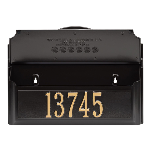 Black and gold wall mount mailbox with gold house numbers on front panel, handcrafted in the USA, enhancing curb appeal and fitting Home & Decor and Mailboxes and Address Signs collections.