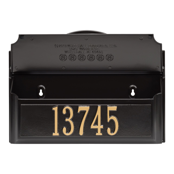 Black and gold wall mount mailbox with gold house numbers on front panel, handcrafted in the USA, enhancing curb appeal and fitting Home & Decor and Mailboxes and Address Signs collections.
