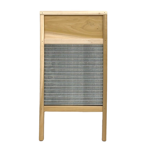 Classic galvanized wavy washboard with mortised wooden frame and lock-cornered head, designed for effective stain removal, perfect for Home & Decor and Laundry Supplies collections.