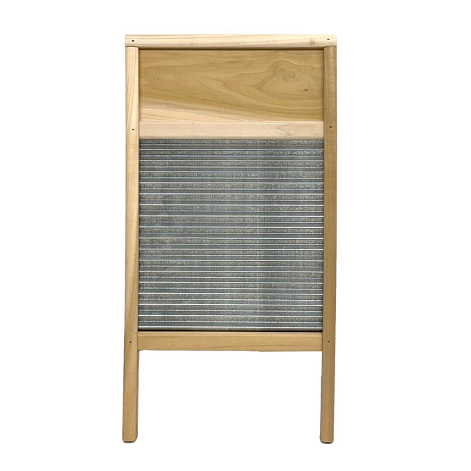 Classic galvanized wavy washboard with mortised wooden frame and lock-cornered head, designed for effective stain removal, perfect for Home & Decor and Laundry Supplies collections.