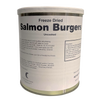 Can of freeze-dried salmon burgers with clear label showing preparation instructions, uncooked product details, and ingredients, suitable for emergency supplies and kitchen food collections.