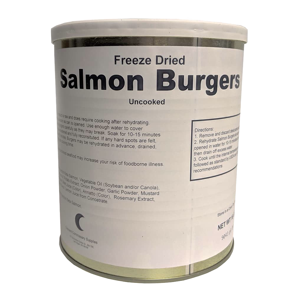Can of freeze-dried salmon burgers with clear label showing preparation instructions, uncooked product details, and ingredients, suitable for emergency supplies and kitchen food collections.