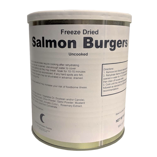 Can of freeze-dried salmon burgers with clear label showing preparation instructions, uncooked product details, and ingredients, suitable for emergency supplies and kitchen food collections.