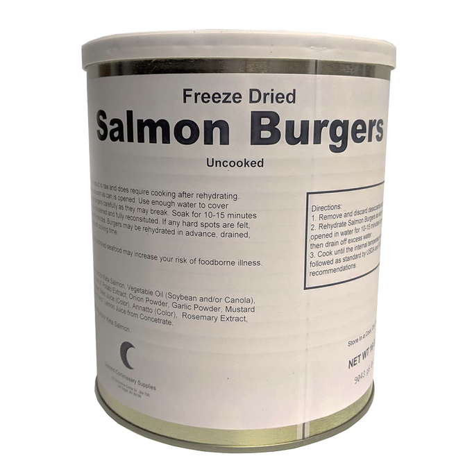 Can of freeze-dried salmon burgers with clear label showing preparation instructions, uncooked product details, and ingredients, suitable for emergency supplies and kitchen food collections.