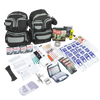 Two discrete black and charcoal backpacks packed with emergency supplies for four people, including water pouches, first aid items, tools, and survival essentials from farm, garden & tool, and emergency supplies collections.