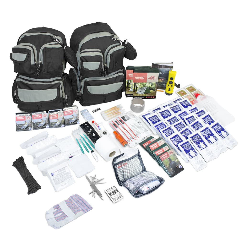 Two discrete black and charcoal backpacks packed with emergency supplies for four people, including water pouches, first aid items, tools, and survival essentials from farm, garden & tool, and emergency supplies collections.