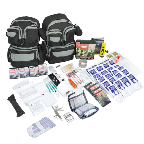 Two discrete black and charcoal backpacks packed with emergency supplies for four people, including water pouches, first aid items, tools, and survival essentials from farm, garden & tool, and emergency supplies collections.