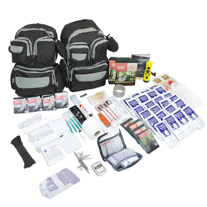 Two discrete black and charcoal backpacks packed with emergency supplies for four people, including water pouches, first aid items, tools, and survival essentials from farm, garden & tool, and emergency supplies collections.