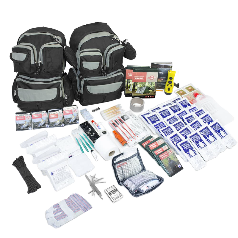 Two discrete black and charcoal backpacks packed with emergency supplies for four people, including water pouches, first aid items, tools, and survival essentials from farm, garden & tool, and emergency supplies collections.