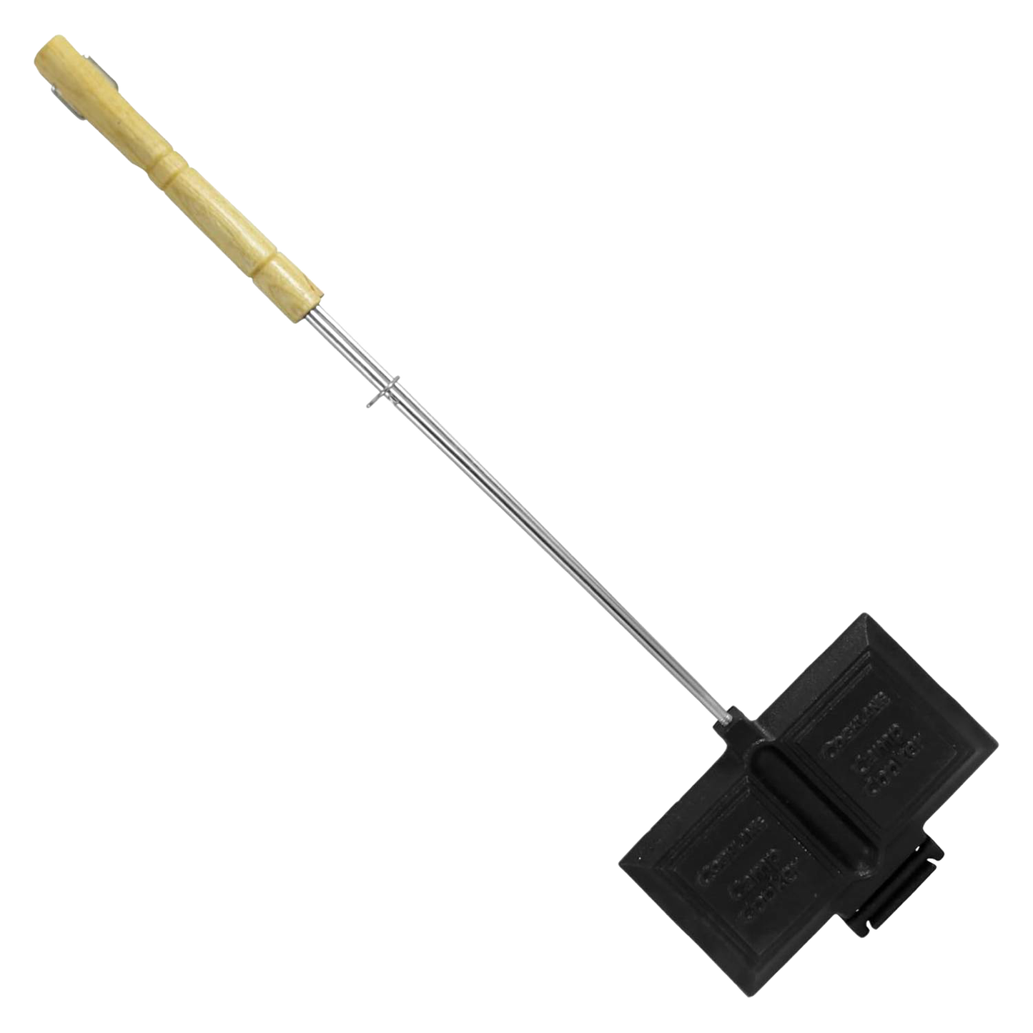 Double-compartment cast iron cooking tool with a wooden handle designed for making campfire sandwiches, featured in farm, garden, and camping collections.