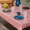 Rectangle vintage vinyl tablecloth in red and white check pattern with durable merrowed edges, styled outdoors with vintage blue enamelware and fresh fruit, ideal for Home & Decor and Kitchen Textiles collections.
