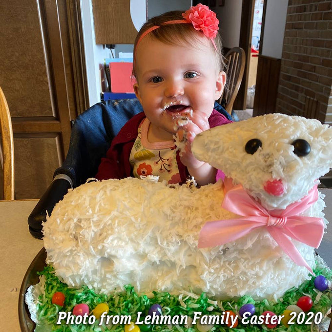 Child enjoying a festive lamb-shaped cake decorated with white frosting, coconut flakes, and a pink ribbon, showcasing a fun Easter baking tradition in Kitchen & Food and Baking Supplies collections.