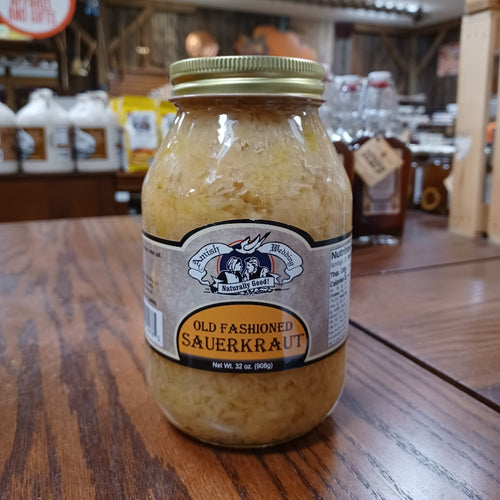 Glass jar of handcrafted old fashioned sauerkraut with vintage-style label and gold metal lid, made in USA, ideal for Kitchen & Food, Pantry, USA Made, Best Sellers, and Promo Eligible collections.