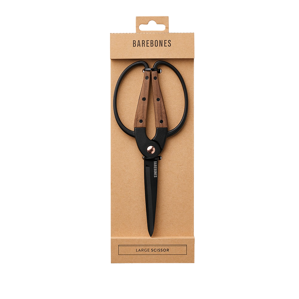 Large gardener’s scissors with heat-treated black steel blades and walnut handles, featuring an ambidextrous grip for comfortable use with gloves in Farm, Garden & Tool and Garden Accessories collections.
