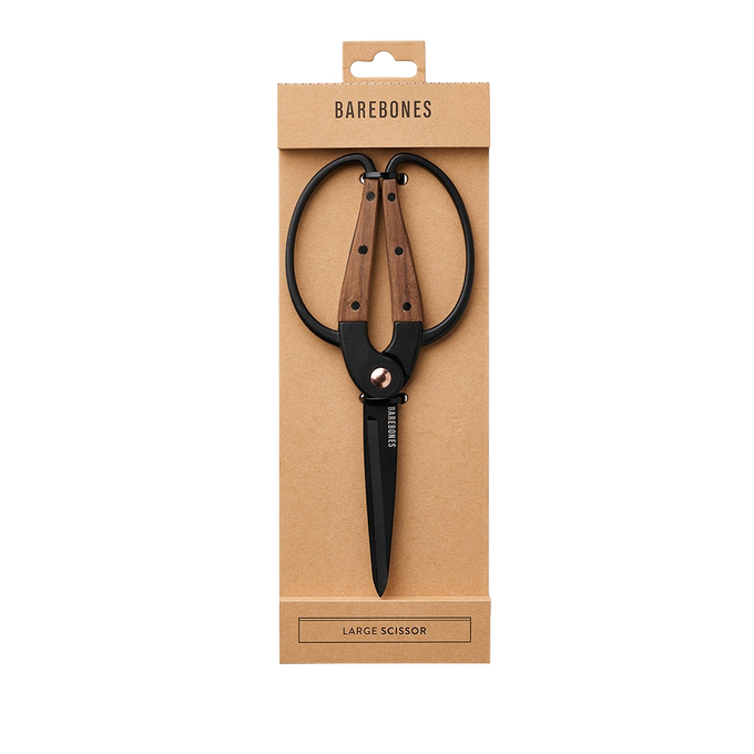 Large gardener’s scissors with heat-treated black steel blades and walnut handles, featuring an ambidextrous grip for comfortable use with gloves in Farm, Garden & Tool and Garden Accessories collections.