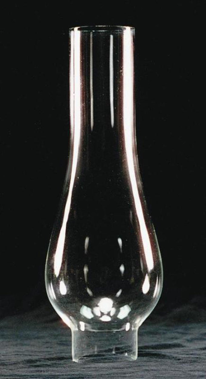 Clear glass oil lamp chimney with a 1-7/8 inch base and bulging shape, handcrafted for use in lamps and lighting, parts and accessories, and chimneys and globes collections.