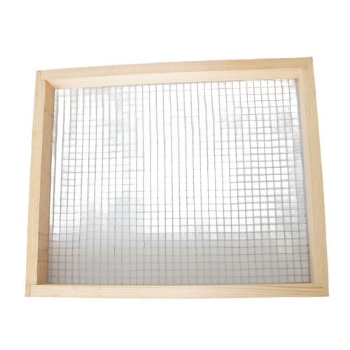 Handcrafted 10-frame wooden candy board feeder with wire mesh, Amish made in the USA, designed for beekeeping supplies and farm garden tool collections.
