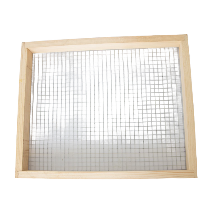Handcrafted 10-frame wooden candy board feeder with wire mesh, Amish made in the USA, designed for beekeeping supplies and farm garden tool collections.